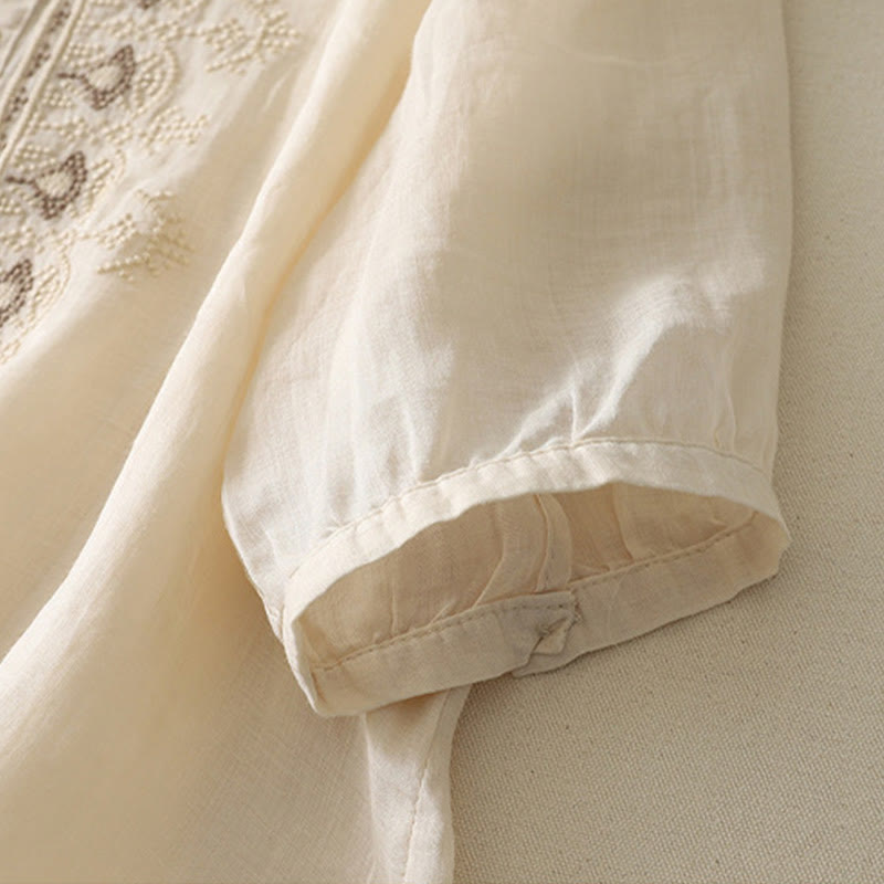 Buddha Stones Symmetrical Embroidery Cotton Linen Women's Half Sleeves Shirt - image 23