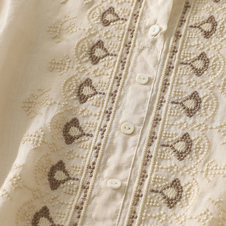 Buddha Stones Symmetrical Embroidery Cotton Linen Women's Half Sleeves Shirt - image 24
