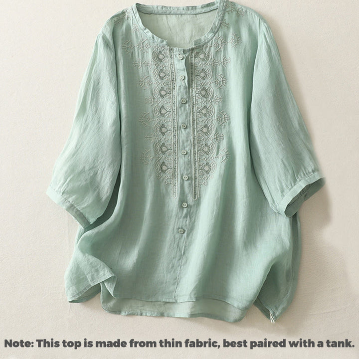 Buddha Stones Symmetrical Embroidery Cotton Linen Women's Half Sleeves Shirt - image 13