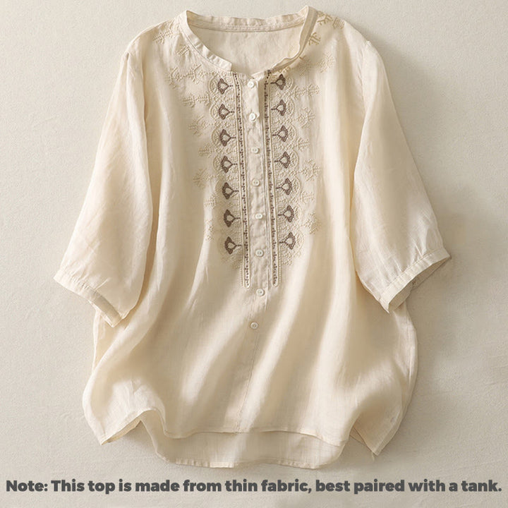 Buddha Stones Symmetrical Embroidery Cotton Linen Women's Half Sleeves Shirt - image 18