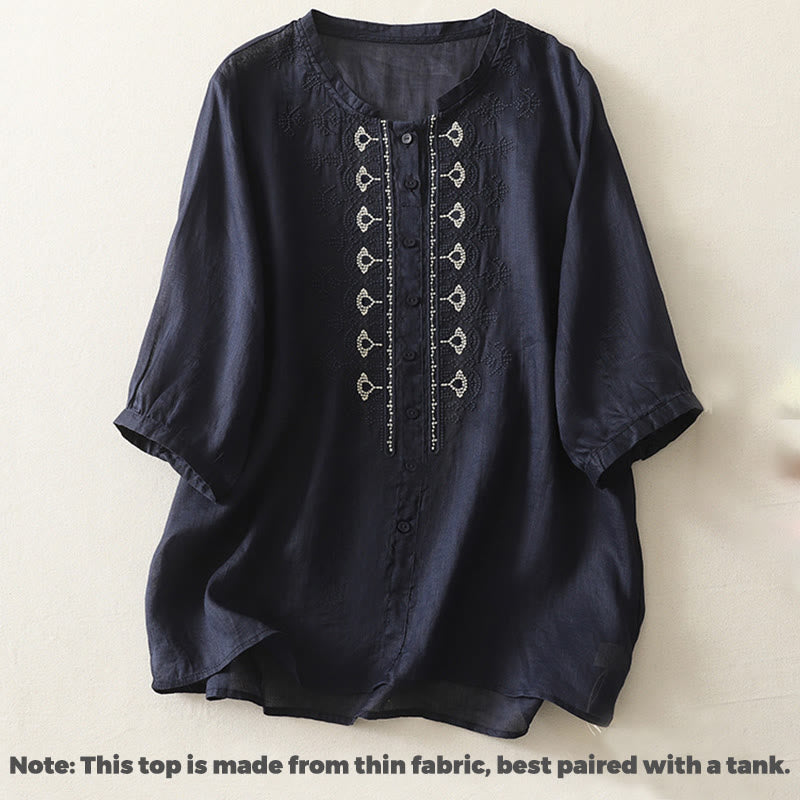 Buddha Stones Symmetrical Embroidery Cotton Linen Women's Half Sleeves Shirt - image 1