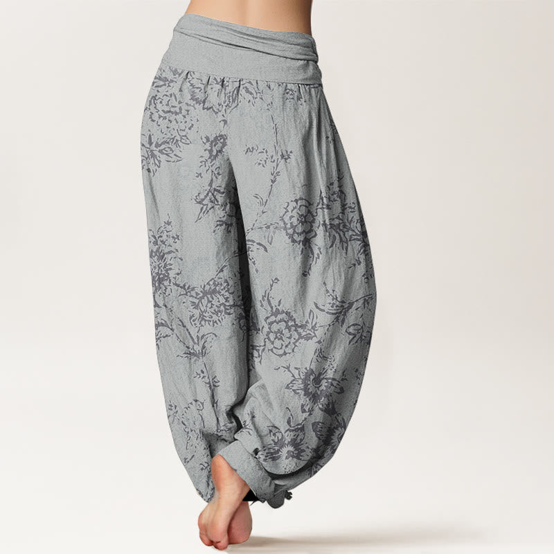 Buddha Stones Pure Cotton Flowers Pattern Women's Elastic Waist Harem Pants - image 1