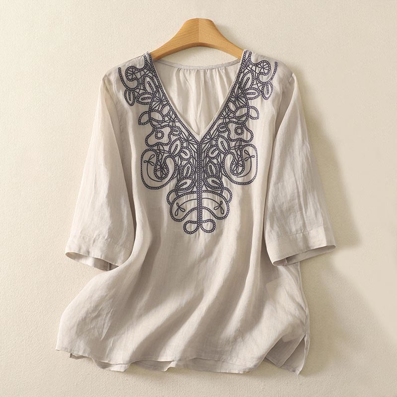 Buddha Stones Embroidered V-neck Casual Women's Cotton Linen Half Sleeve T-shirt - Beige - US14，UK/AU18，EU46 (2XL) - image 0
