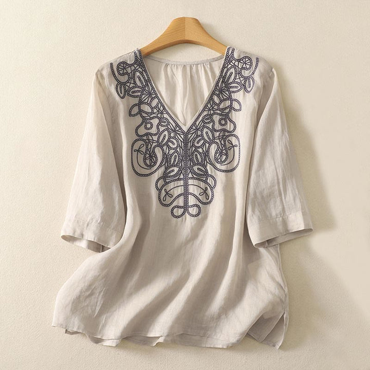 Buddha Stones Embroidered V-neck Casual Women's Cotton Linen Half Sleeve T-shirt - Beige - US14，UK/AU18，EU46 (2XL) - image 0