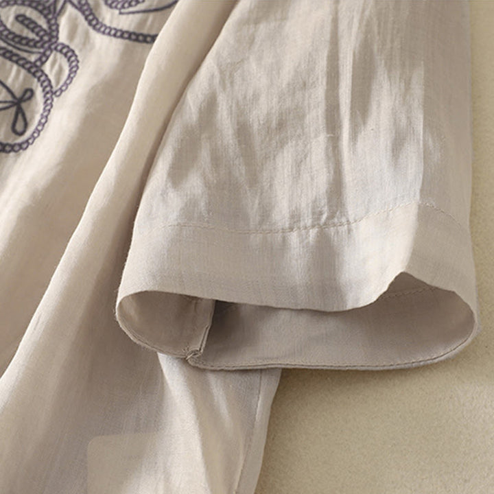 Buddha Stones Embroidered V-neck Casual Women's Cotton Linen Half Sleeve T-shirt - image 5