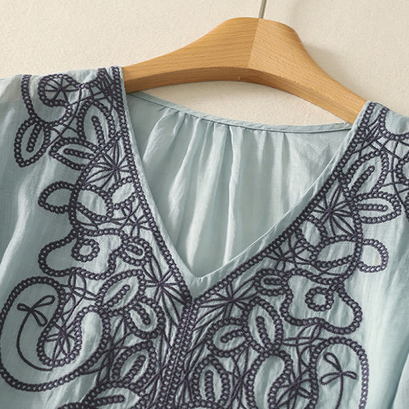 Buddha Stones Embroidered V-neck Casual Women's Cotton Linen Half Sleeve T-shirt - image 8