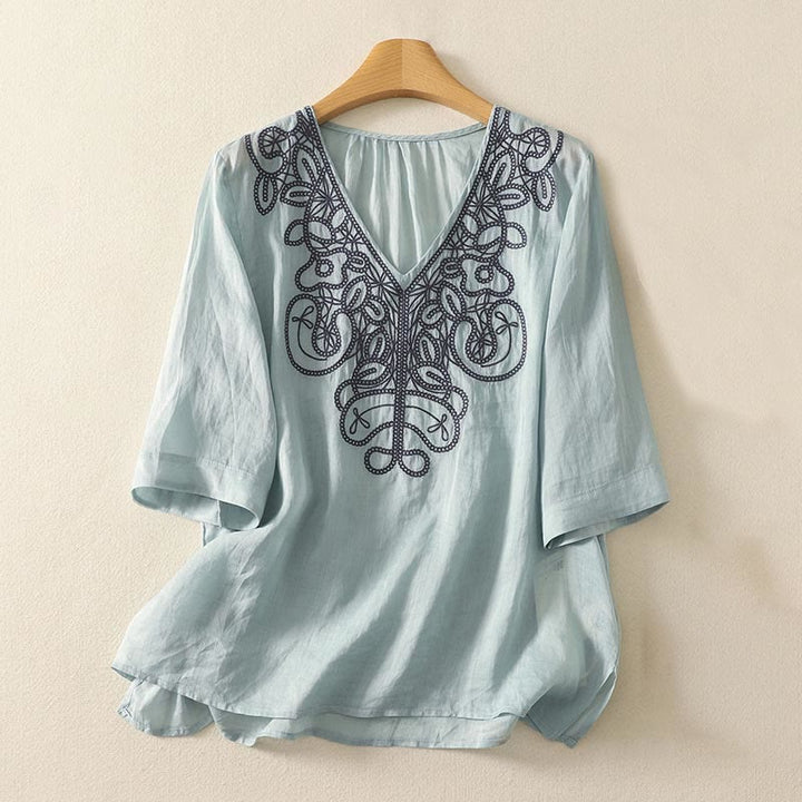 Buddha Stones Embroidered V-neck Casual Women's Half Sleeve T-shirt - PaleTurquoise - US14，UK/AU18，EU46 (2XL) - image 6