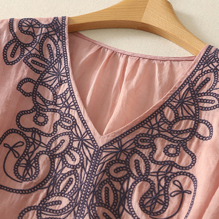 Buddha Stones Embroidered V-neck Casual Women's Cotton Linen Half Sleeve T-shirt - image 14