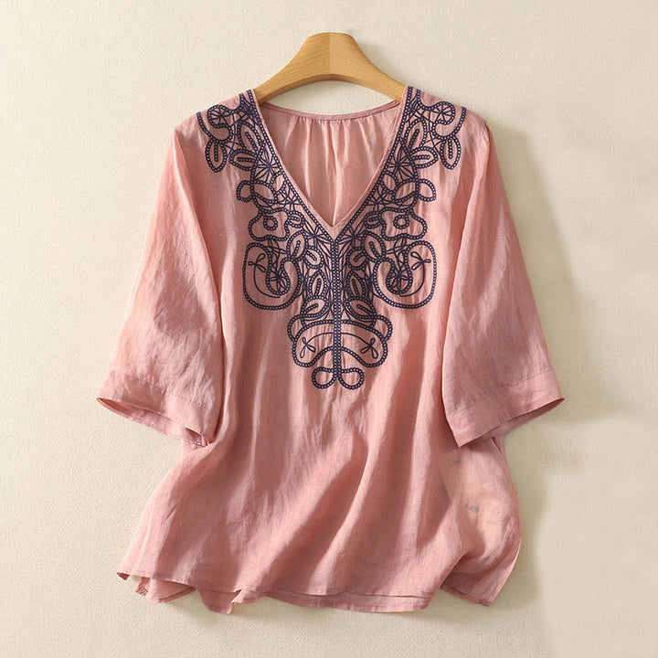 Buddha Stones Embroidered V-neck Casual Women's Cotton Linen Half Sleeve T-shirt - LightCoral - US14，UK/AU18，EU46 (2XL) - image 12