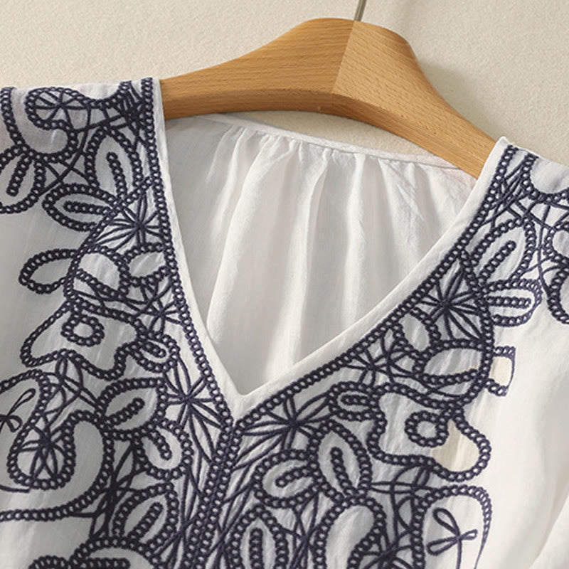 Buddha Stones Embroidered V-neck Casual Women's Cotton Linen Half Sleeve T-shirt - image 21