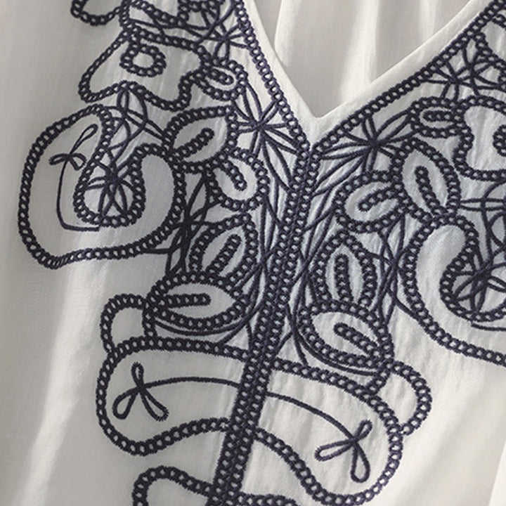 Buddha Stones Embroidered V-neck Casual Women's Cotton Linen Half Sleeve T-shirt - image 27