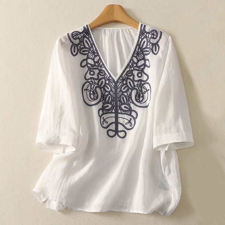 Buddha Stones Embroidered V-neck Casual Women's Cotton Linen Half Sleeve T-shirt - White - US14，UK/AU18，EU46 (2XL) - image 18