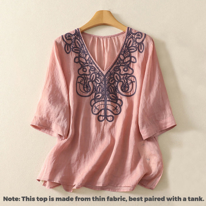 Buddha Stones Embroidered V-neck Casual Women's Cotton Linen Half Sleeve T-shirt - image 13