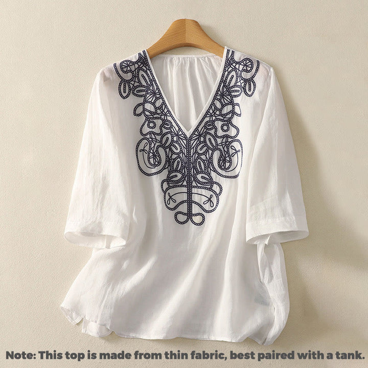 Buddha Stones Embroidered V-neck Casual Women's Cotton Linen Half Sleeve T-shirt - image 19