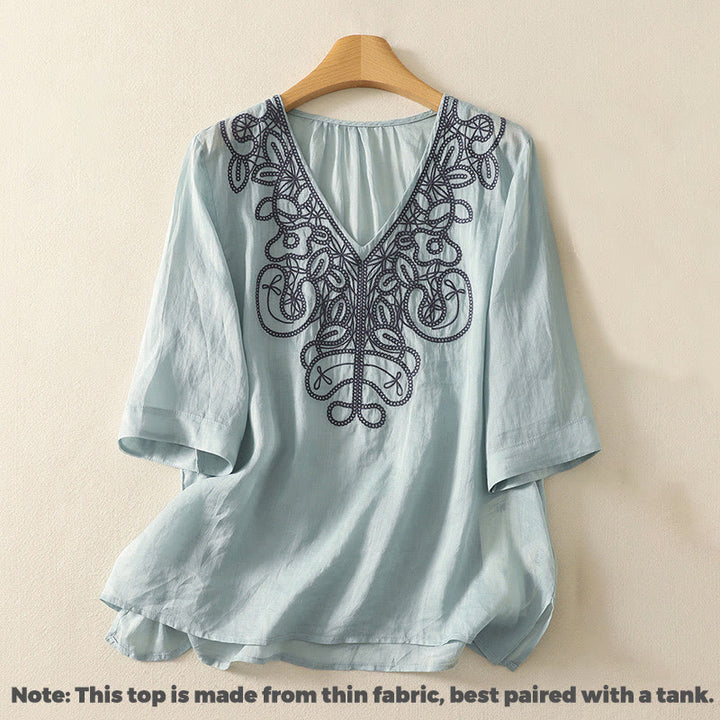 Buddha Stones Embroidered V-neck Casual Women's Cotton Linen Half Sleeve T-shirt - image 7