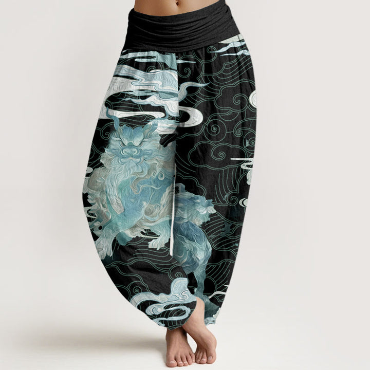 Buddha Stones Pure Cotton PiXiu Auspicious Clouds Pattern Women's Elastic Waist Harem Pants - Cyan - US22，UK/AU26，EU54 (6XL) - image 9
