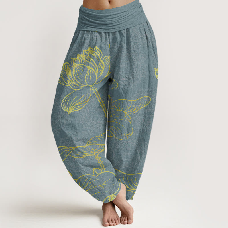 Buddha Stones Pure Cotton Golden Lotus Mandala Pattern Women's Elastic Waist Harem Pants - CadetBlue - US22，UK/AU26，EU54 (6XL) - image 0