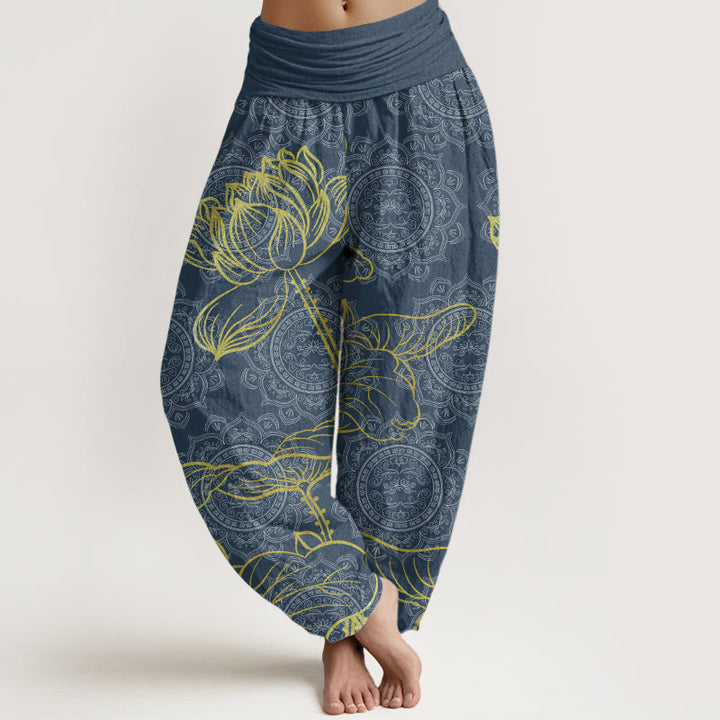Buddha Stones Pure Cotton Golden Lotus Mandala Pattern Women's Elastic Waist Harem Pants - SteelBlue - US22，UK/AU26，EU54 (6XL) - image 6