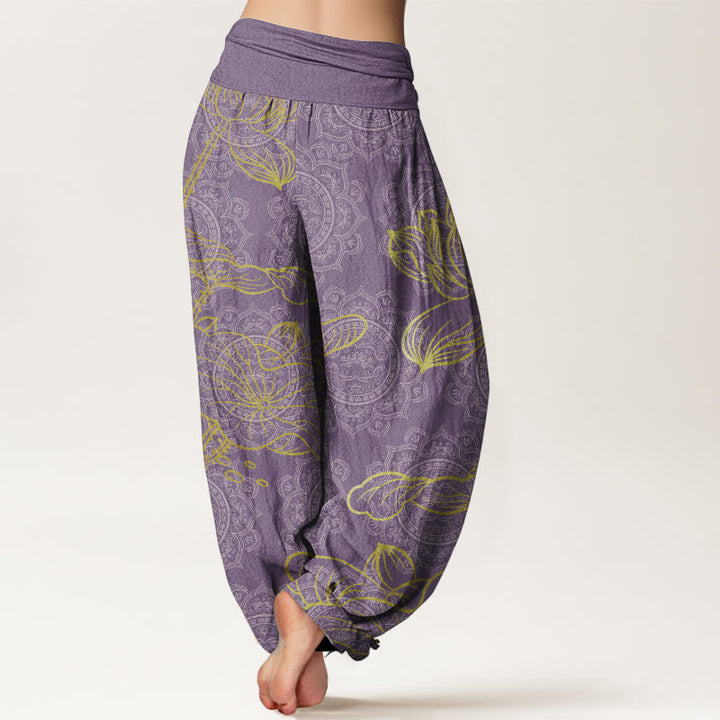 Buddha Stones Pure Cotton Golden Lotus Mandala Pattern Women's Elastic Waist Harem Pants - image 10
