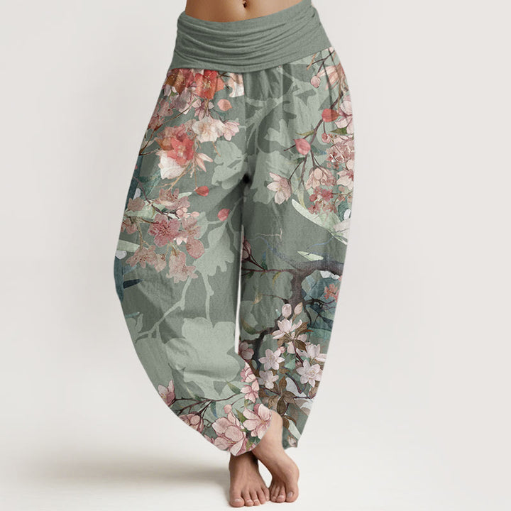 Buddha Stones Pure Cotton Red Pink Blooming Flowers Lush Branches Women's Elastic Waist Harem Pants - DarkSeaGreen - US22，UK/AU26，EU54 (6XL) - image 0