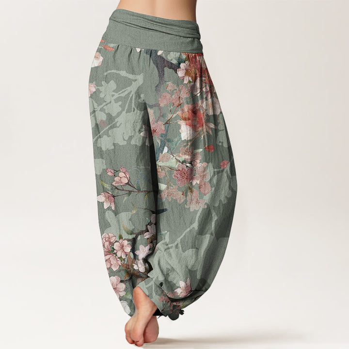 Buddha Stones Pure Cotton Red Pink Blooming Flowers Lush Branches Women's Elastic Waist Harem Pants - image 1
