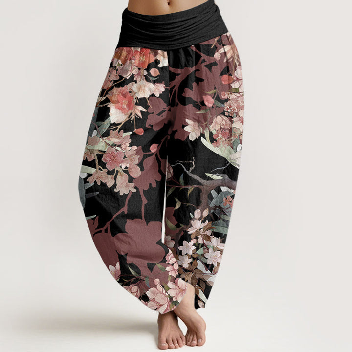 Buddha Stones Pure Cotton Red Pink Blooming Flowers Lush Branches Women's Elastic Waist Harem Pants - Black - US22，UK/AU26，EU54 (6XL) - image 6