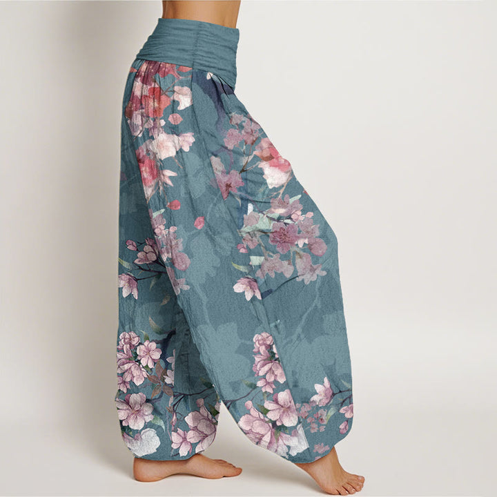 Buddha Stones Pure Cotton Red Pink Blooming Flowers Lush Branches Women's Elastic Waist Harem Pants - image 11