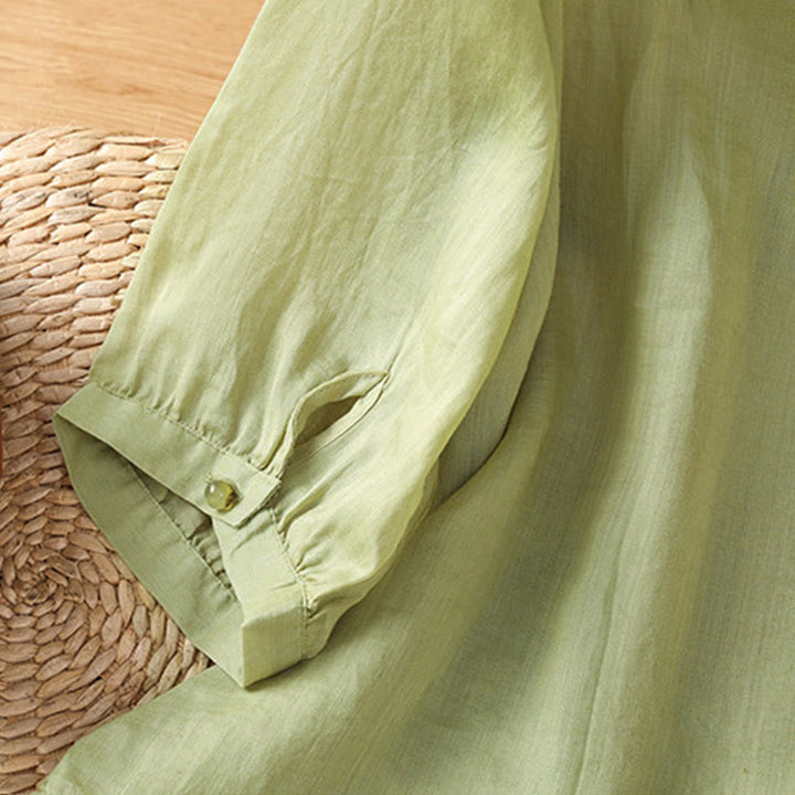 Buddha Stones Embroidered Flowers Cotton Women's V-neck Shirt - image 11