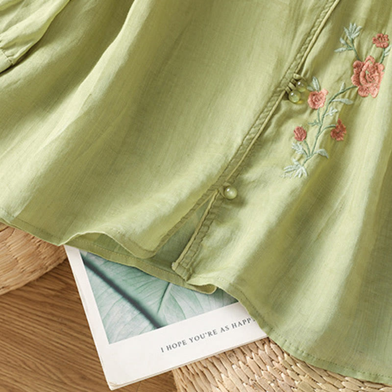 Buddha Stones Embroidered Flowers Cotton Women's V-neck Shirt - image 12