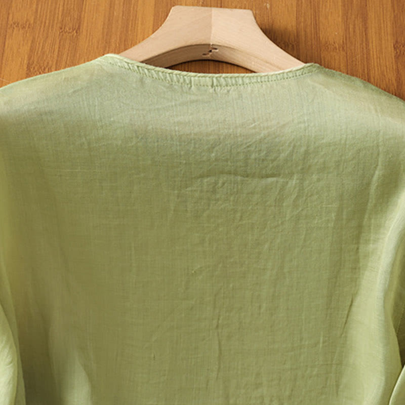 Buddha Stones Embroidered Flowers Cotton Women's V-neck Shirt - image 10