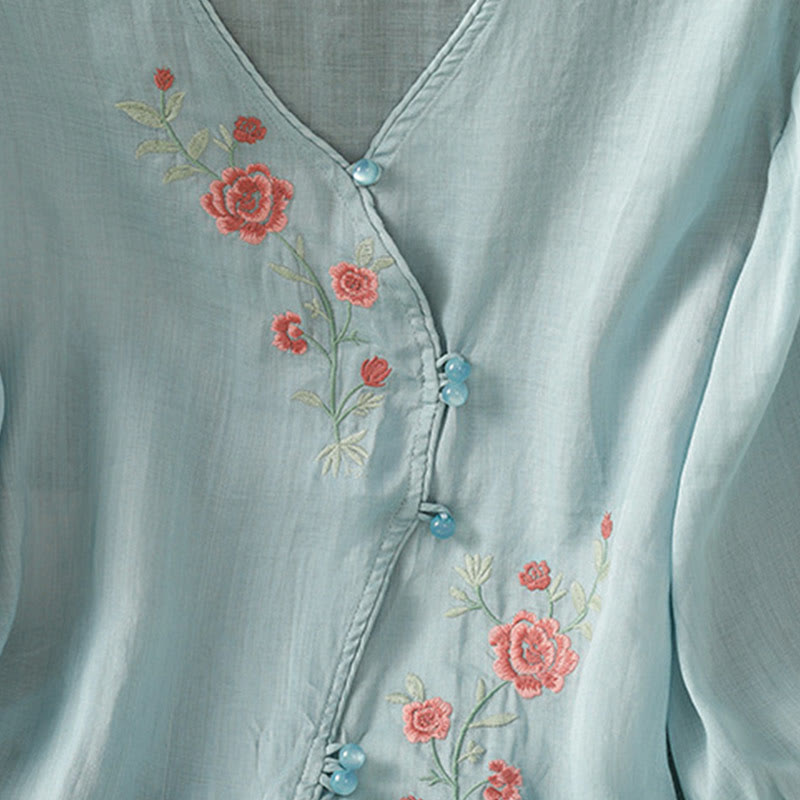 Buddha Stones Embroidered Flowers Cotton Women's V-neck Shirt - image 6
