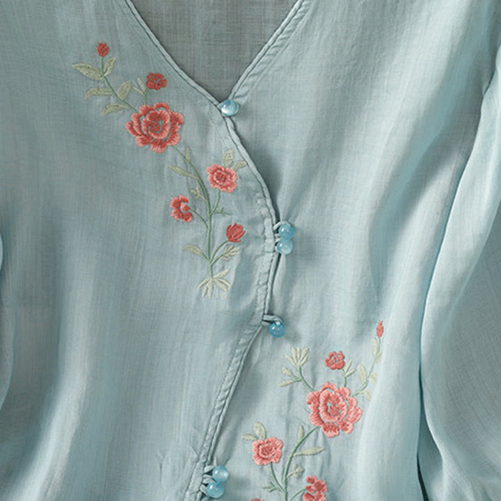 Buddha Stones Embroidered Flowers Cotton Women's V-neck Shirt - image 6
