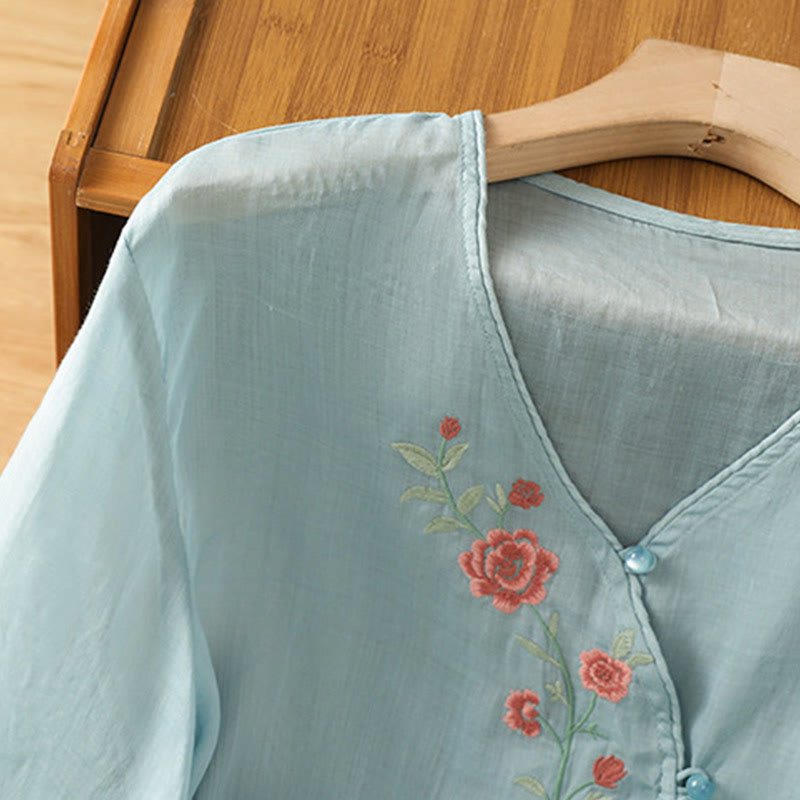 Buddha Stones Embroidered Flowers Cotton Women's V-neck Shirt - image 6