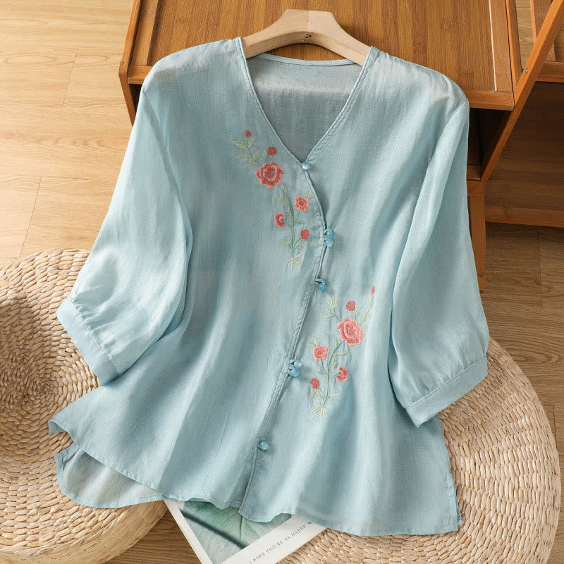 Buddha Stones Embroidered Flowers Cotton Women's V-neck Shirt - LightSkyBlue - US12，UK/AU16，EU44 (2XL) - image 3