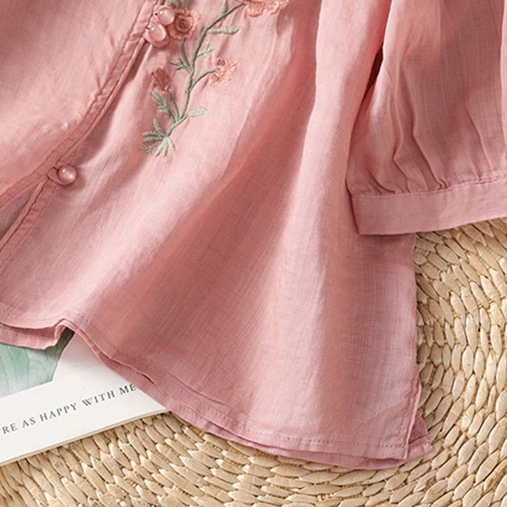 Buddha Stones Embroidered Flowers Cotton Women's V-neck Shirt - image 15