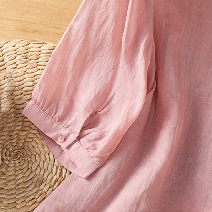 Buddha Stones Embroidered Flowers Cotton Women's V-neck Shirt - image 16