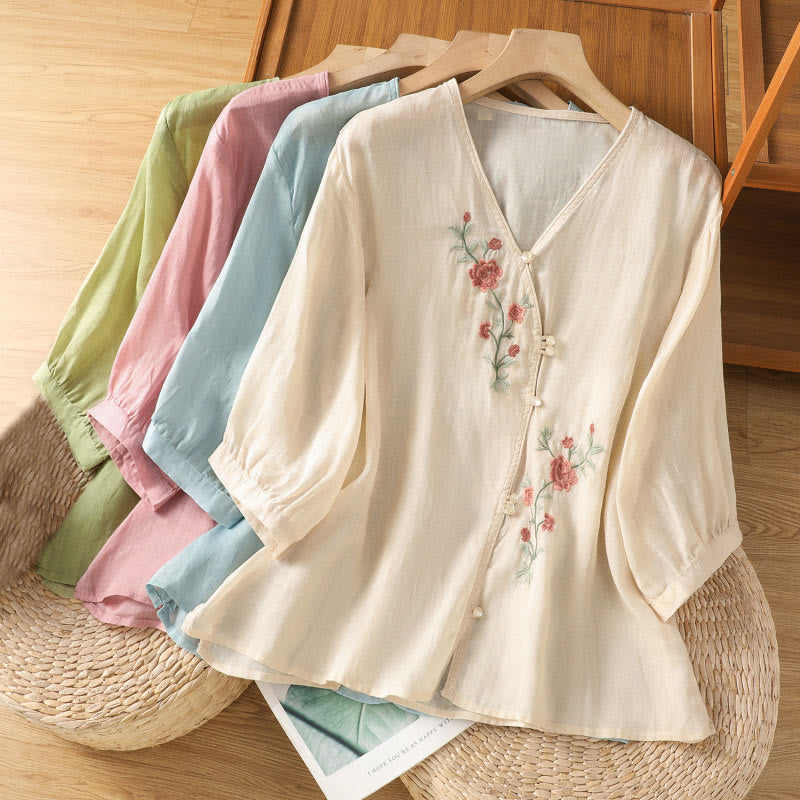 Buddha Stones Embroidered Flowers Cotton Women's V-neck Shirt - image 19