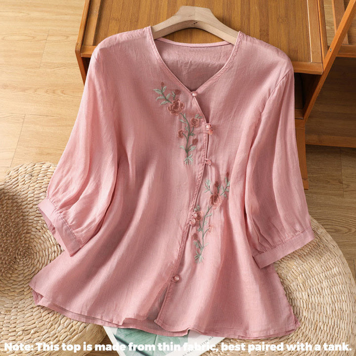 Buddha Stones Embroidered Flowers Cotton Women's V-neck Shirt - image 14