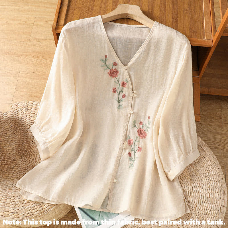 Buddha Stones Embroidered Flowers Women's V-neck Shirt - image 1