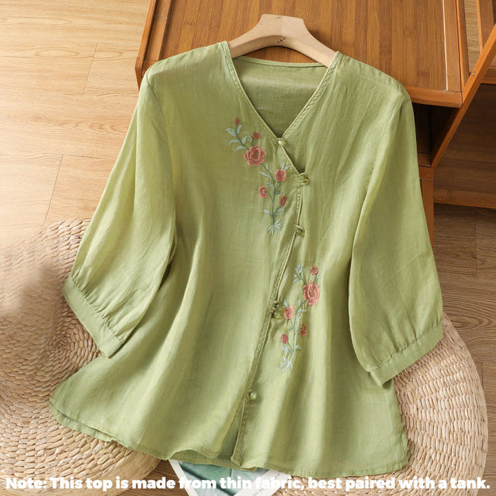 Buddha Stones Embroidered Flowers Cotton Women's V-neck Shirt - image 8