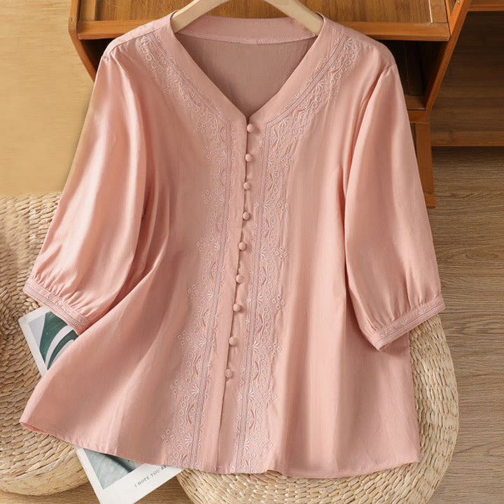 Buddha Stones Symmetrical Embroidery Cotton Women's V-neck Shirt - Pink - US12，UK/AU16，EU44 (2XL) - image 27