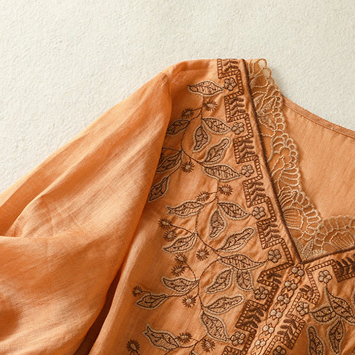 Buddha Stones Embroidered Lace Casual Women's Cotton Linen Half Sleeve T-shirt - image 2