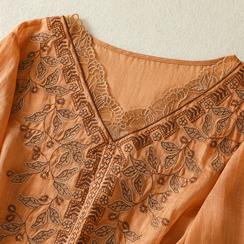 Buddha Stones Embroidered Lace Casual Women's Cotton Linen Half Sleeve T-shirt - image 7