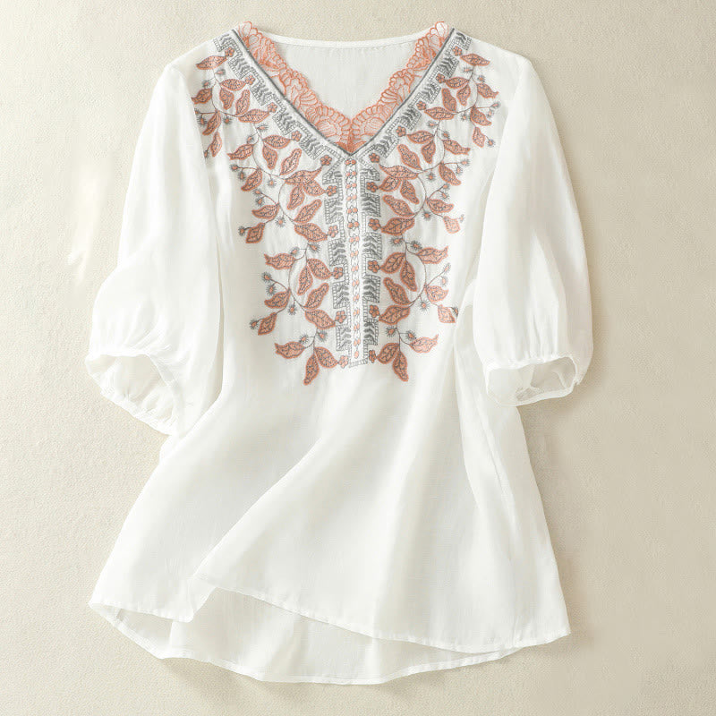 Buddha Stones Embroidered Lace Casual Women's Cotton Linen Half Sleeve T-shirt - White - US8-10，UK/AU12-14，EU40-42 (2XL) - image 29