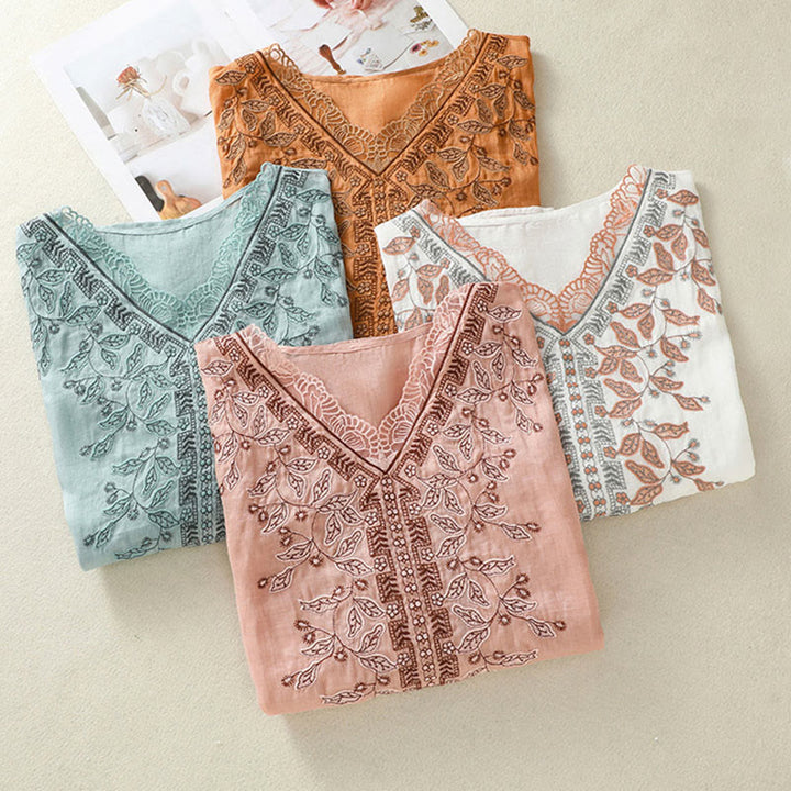 Buddha Stones Embroidered Lace Casual Women's Cotton Linen Half Sleeve T-shirt - image 36