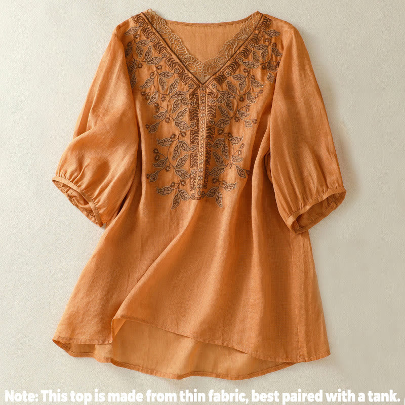 Buddha Stones Embroidered Lace Casual Women's Cotton Linen Half Sleeve T-shirt - image 1