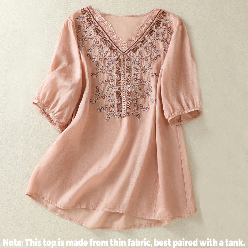 Buddha Stones Embroidered Lace Casual Women's Cotton Linen Half Sleeve T-shirt - image 20