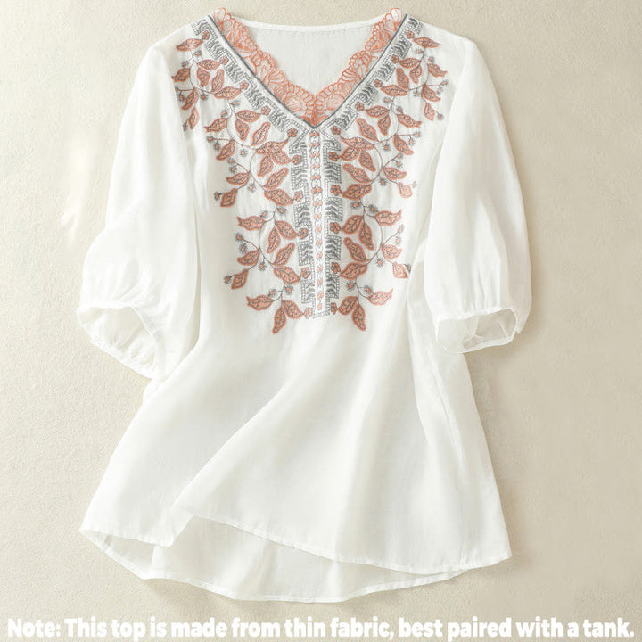 Buddha Stones Embroidered Lace Casual Women's Cotton Linen Half Sleeve T-shirt - image 30