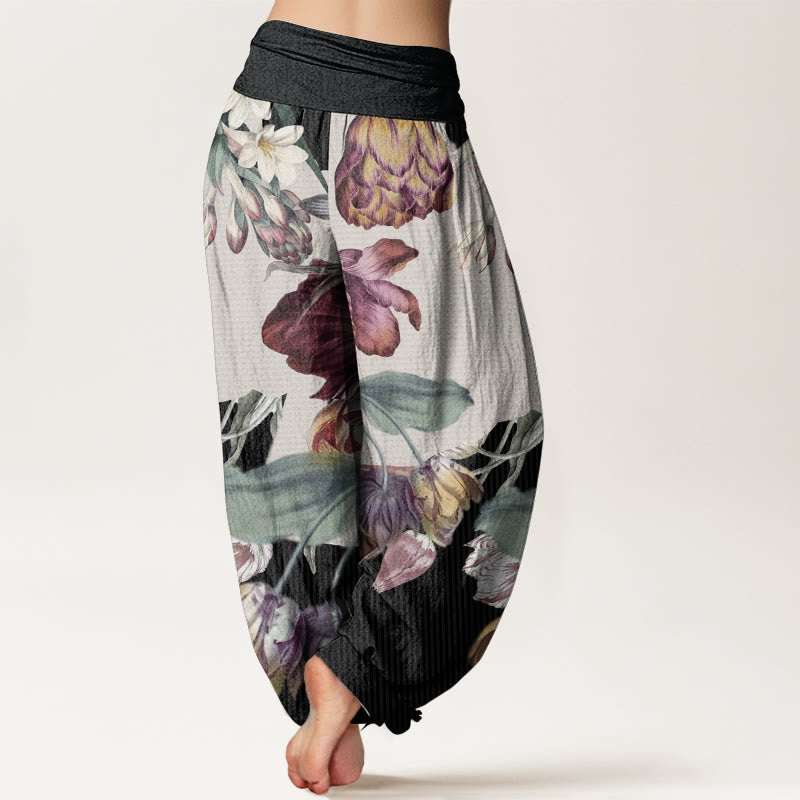 Buddha Stones Pure Cotton Tulips Green Leaves Design Women's Elastic Waist Harem Pants - image 1