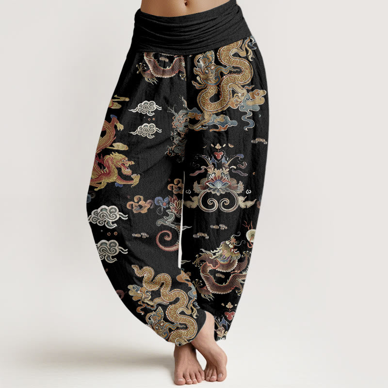 Buddha Stones Pure Cotton Golden Dragons Auspicious Clouds Design Women's Elastic Waist Harem Pants - Black - US22，UK/AU26，EU54 (6XL) - image 0